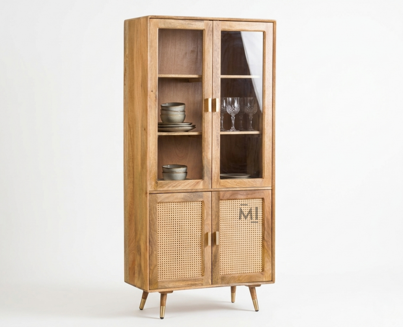 Modern Cane Crockery Unit | Wooden Display Cabinet