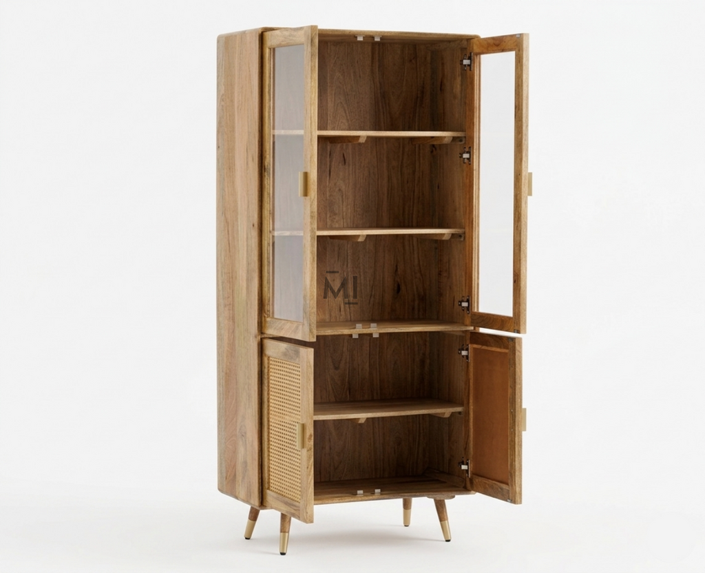 Modern Cane Crockery Unit | Wooden Display Cabinet