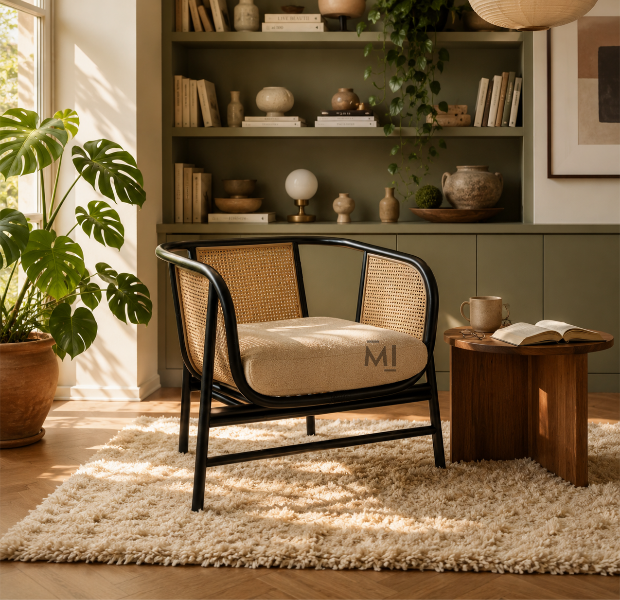 Modern Cane Lounge Chair with Black Metal Frame