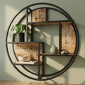 Modern Circular Wall Shelf | Industrial Metal & Wood Decorative Display Unit