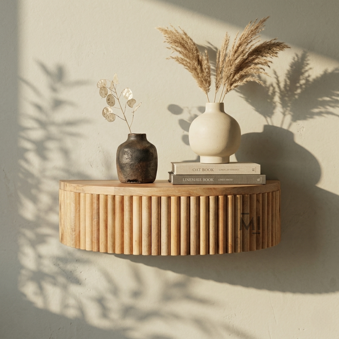 Modern Fluted Wooden Floating Shelf | Curved Wall-Mounted Display Shelf