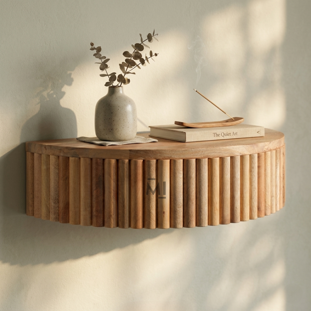 Modern Fluted Wooden Floating Wall Shelf | Curved Decorative Display Shelf