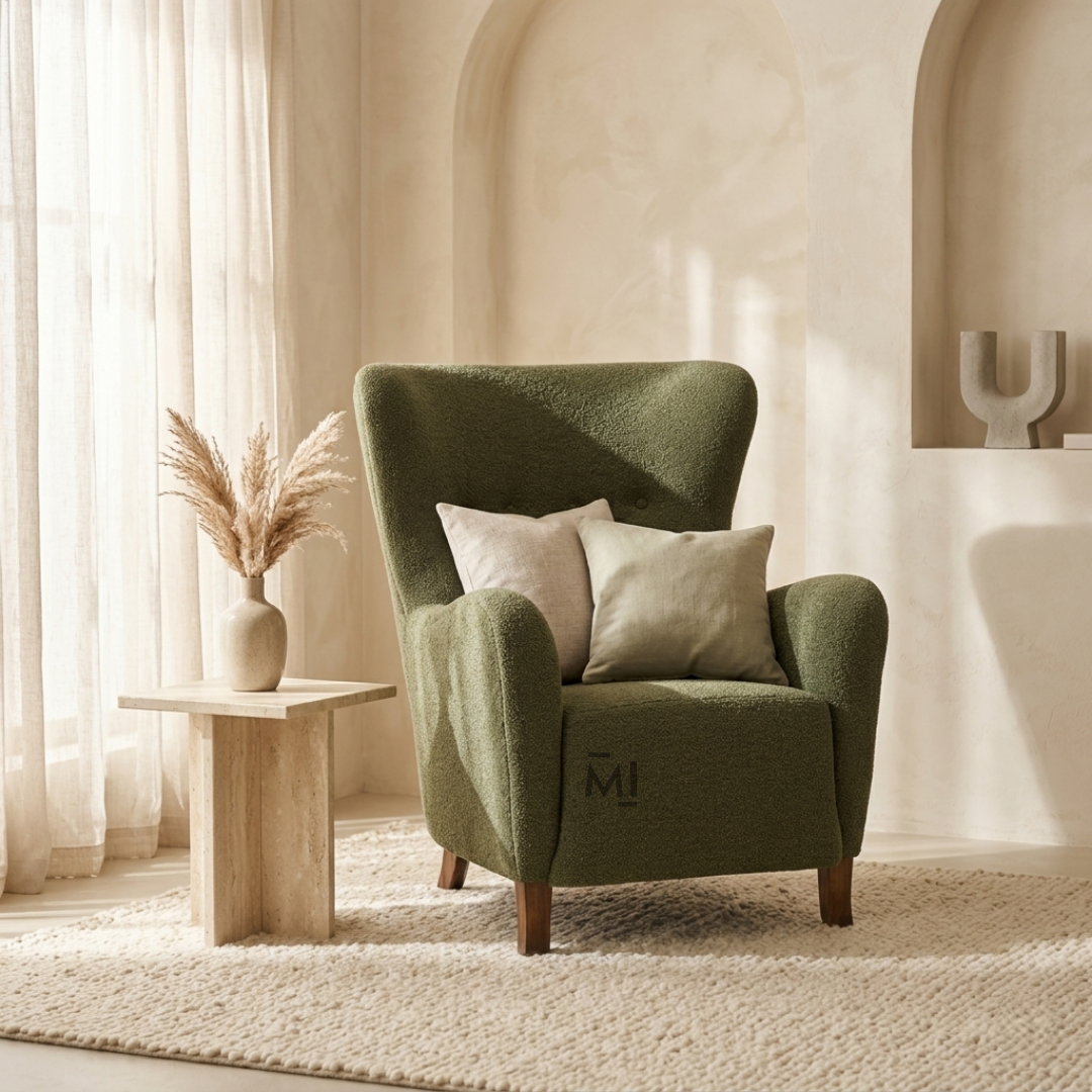 Modern high back accent chair with textured green upholstery
