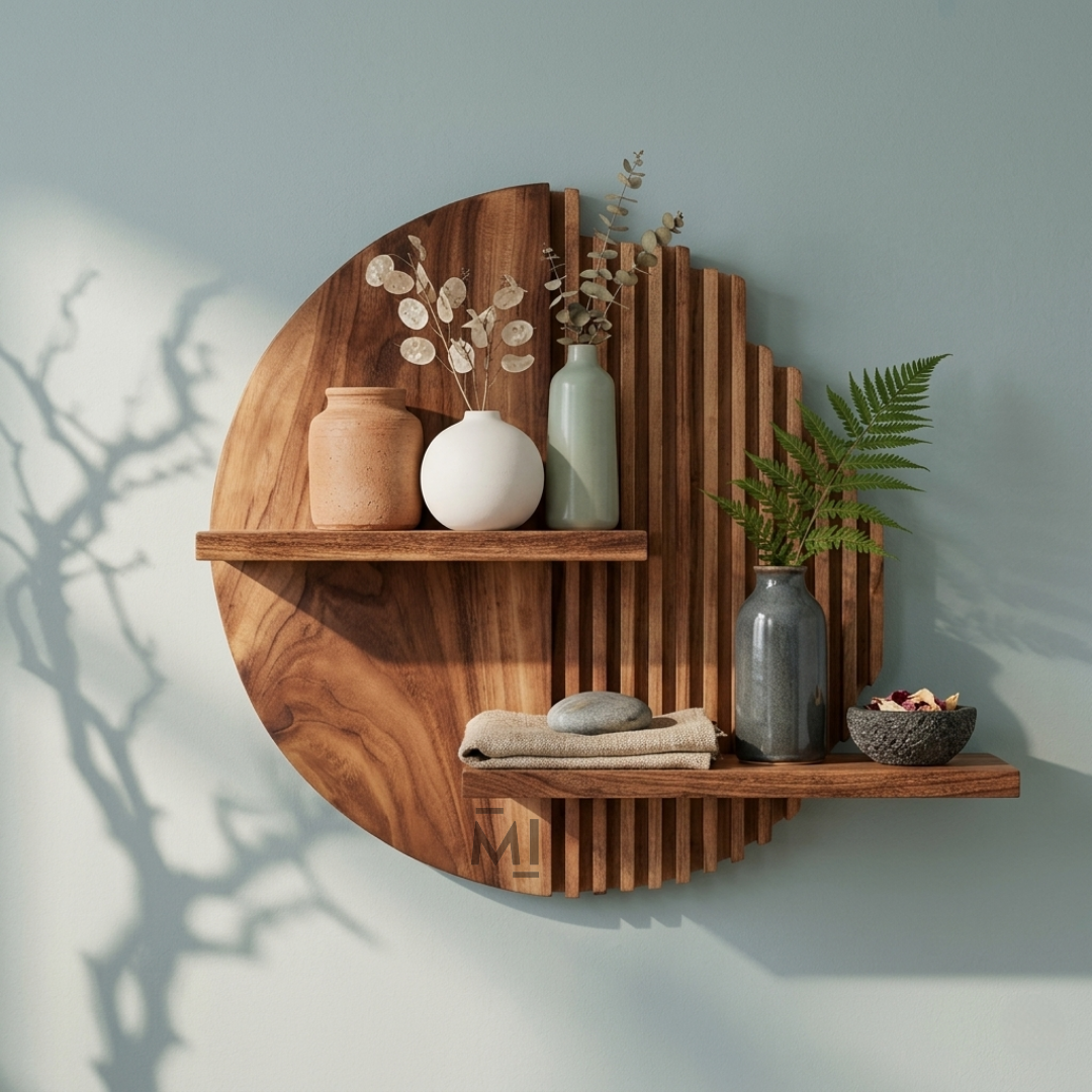 Modern Round Wooden Wall Shelf | Decorative Floating Display Shelf