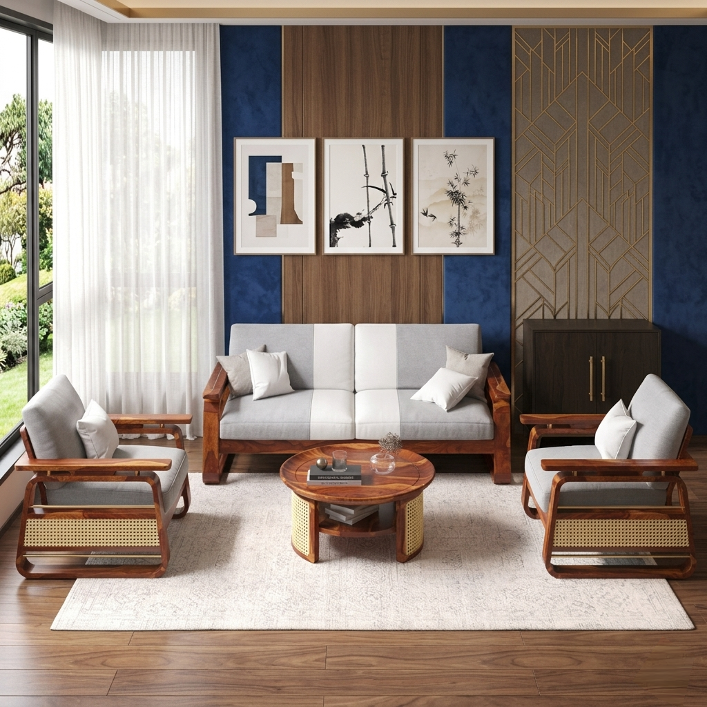 Modern Solid Wood Sofa Set | Contemporary Wooden Living Room Furniture