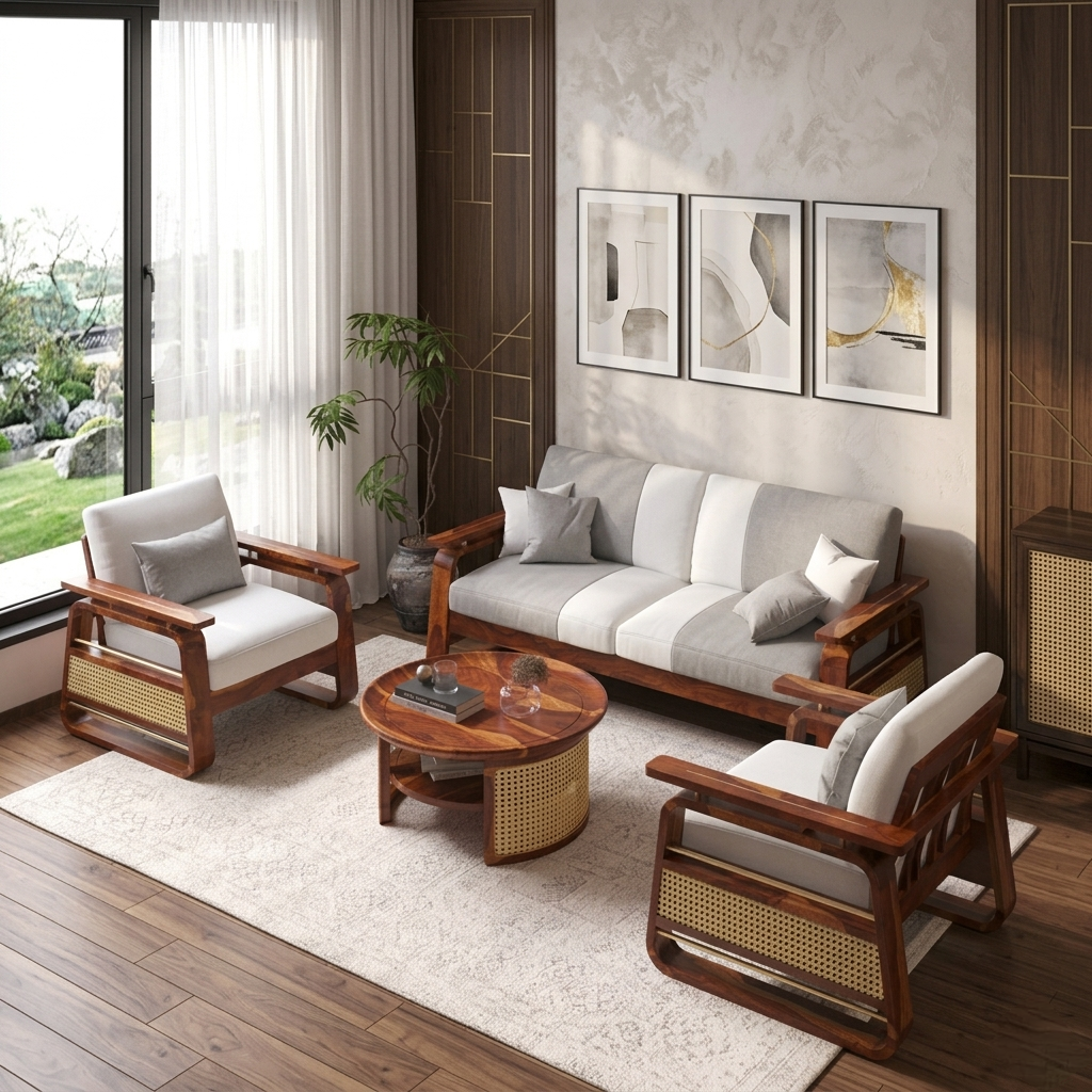 Modern Solid Wood Sofa Set | Contemporary Wooden Living Room Furniture
