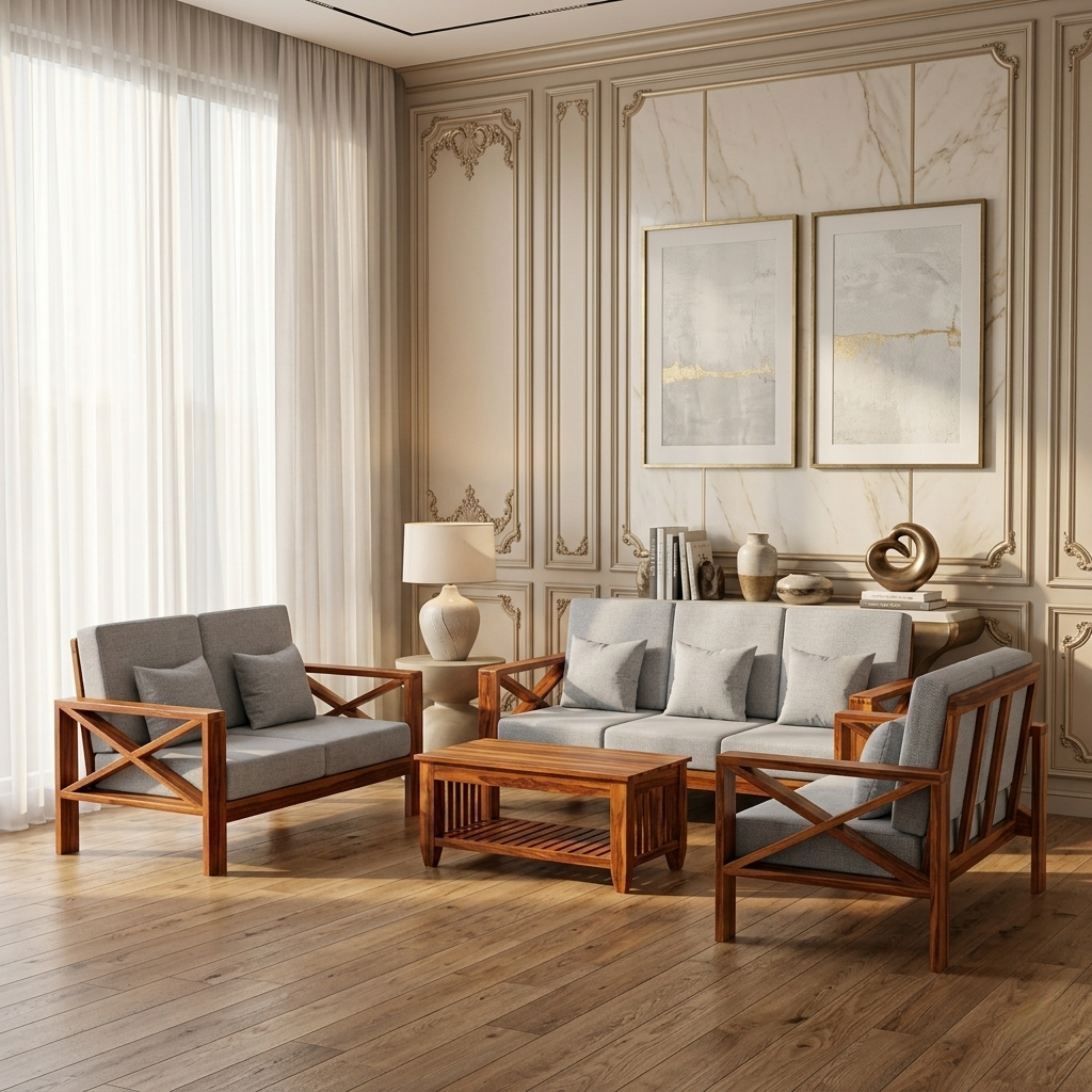 Modern Solid Wood Sofa Set | Luxury Contemporary Living Room Furniture
