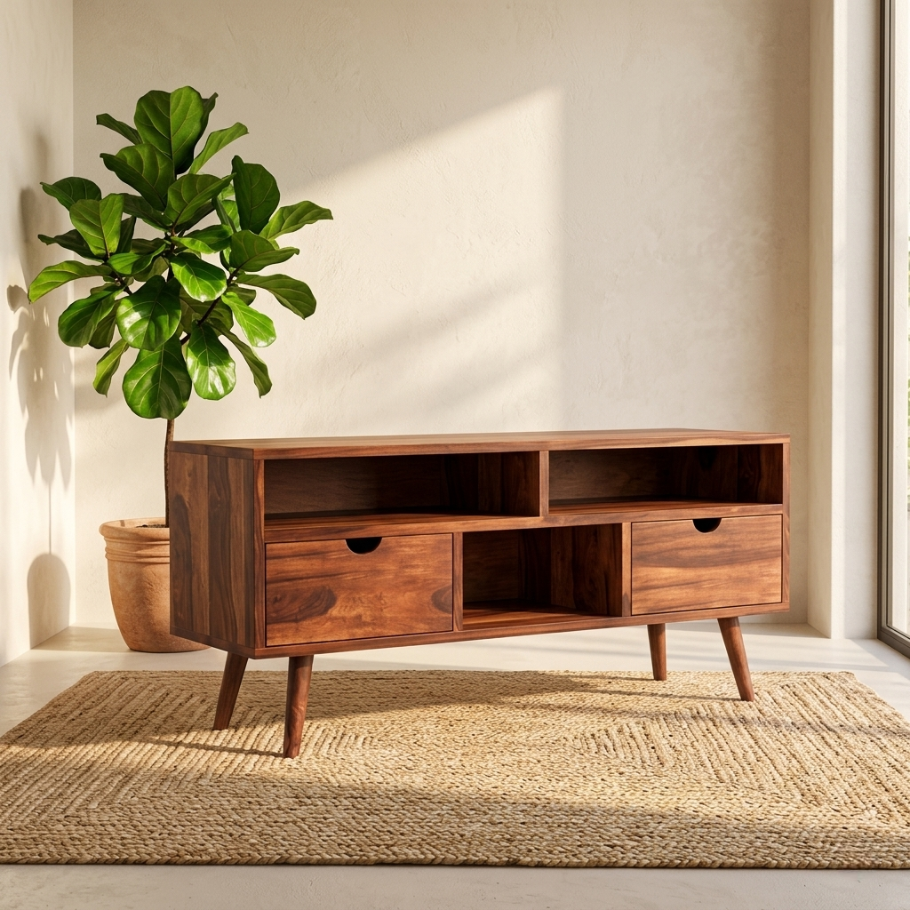 Modern Solid Wood TV Unit | Mid-Century Entertainment Console