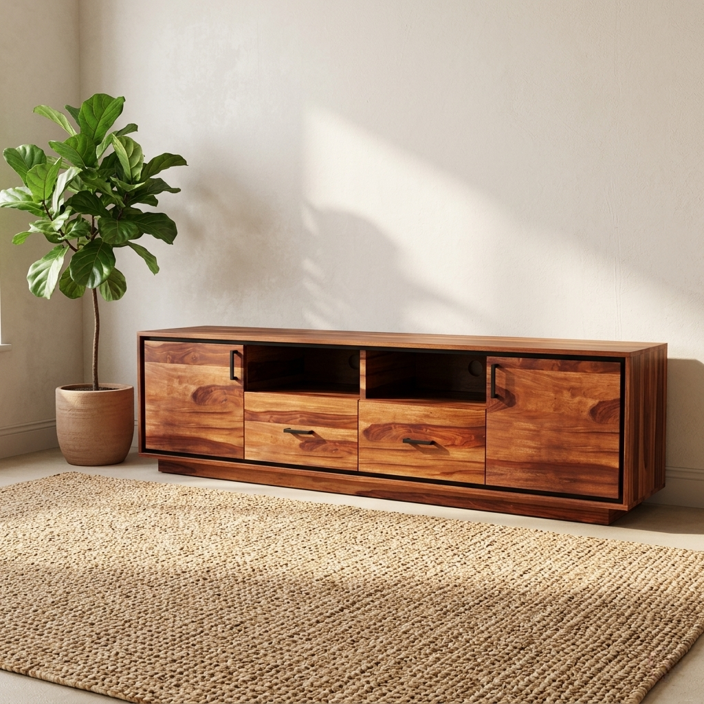 Modern Solid Wood TV Unit | Minimalist Media Entertainment Console