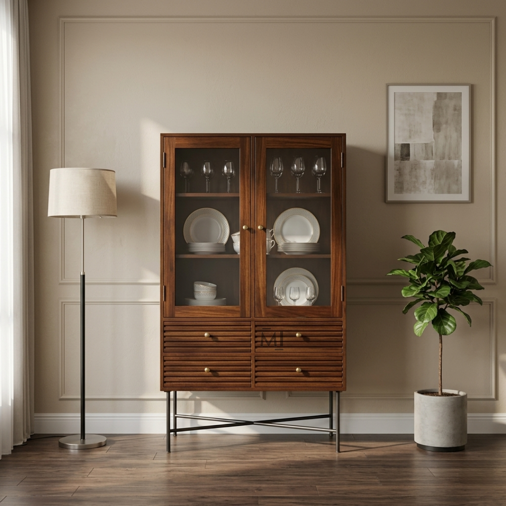 Modern Wooden Crockery Cabinet | Glass Display Storage Console