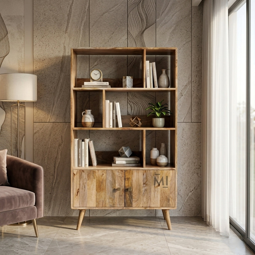 modern wooden display cabinet with shelves and storage