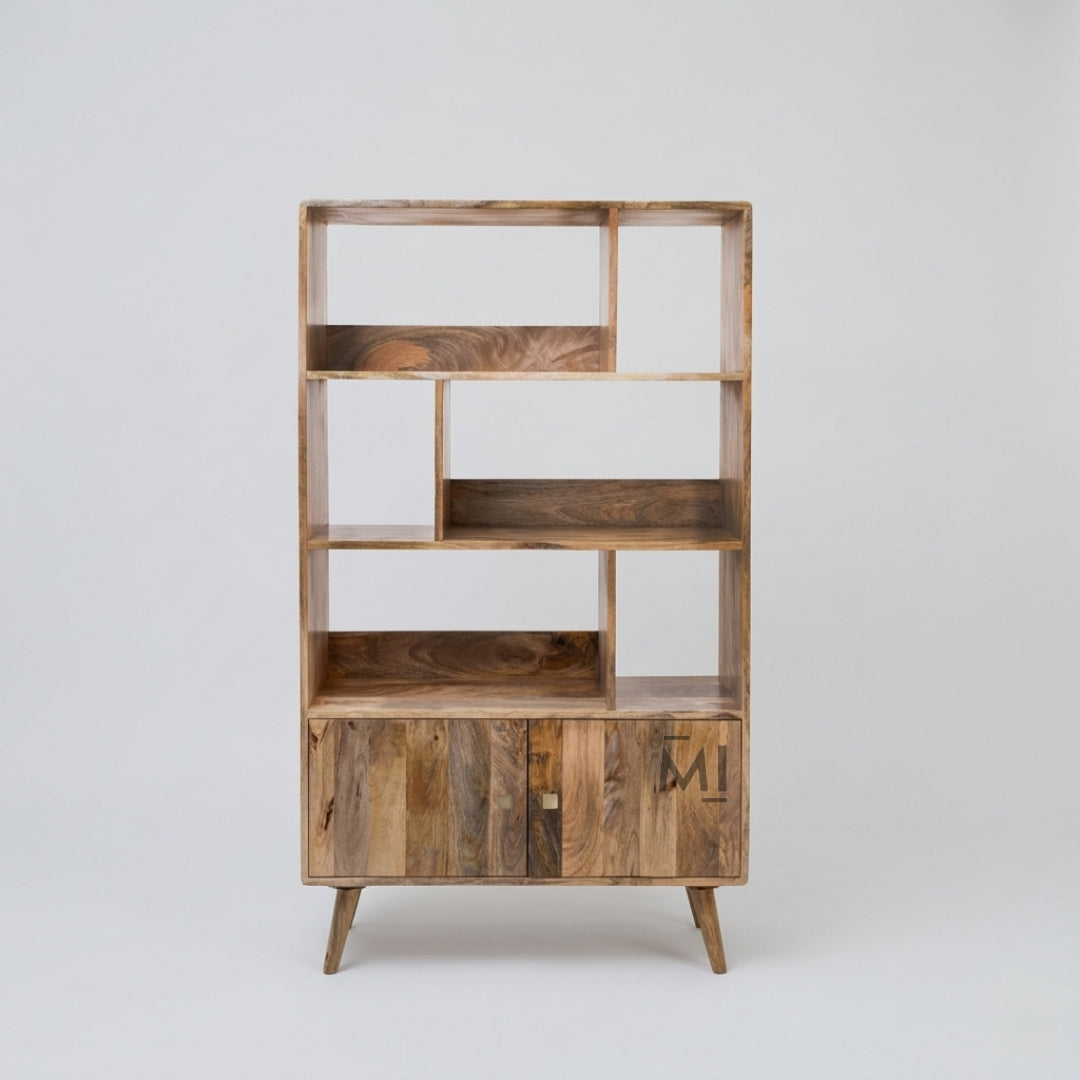 open shelf wooden cabinet with bottom storage