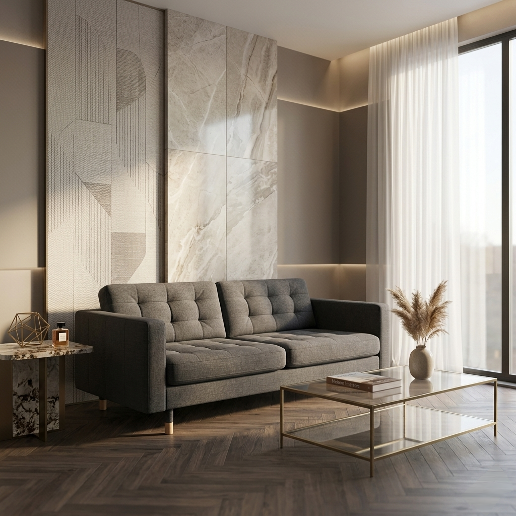 Movio tufted fabric sofa modern 3 seater with button detailing for living room in India