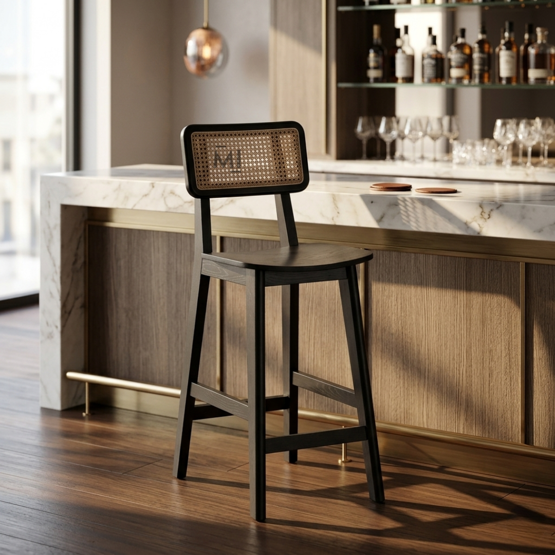 Noir Cane Bar Chair | Modern Black Wooden Counter Stool
