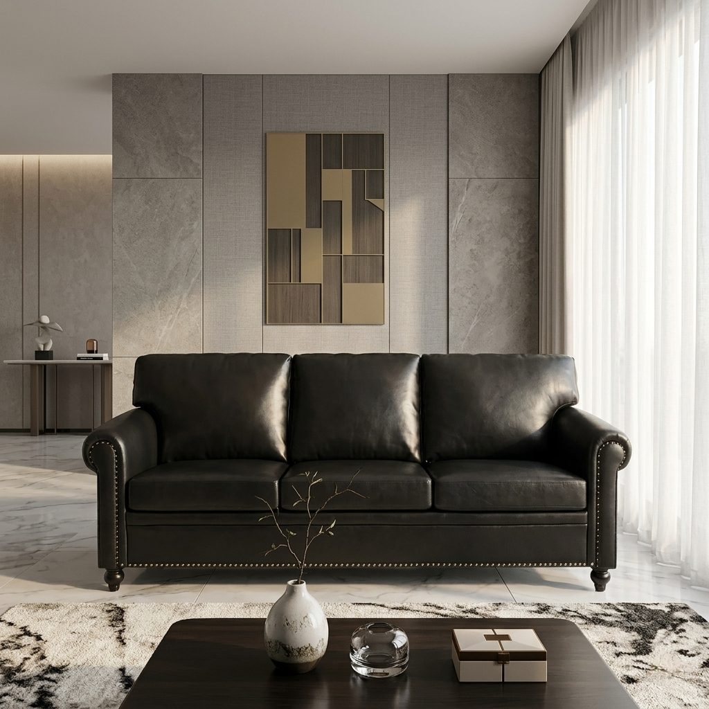 Noir Classic Leather Sofa | Premium Black 3 Seater Couch