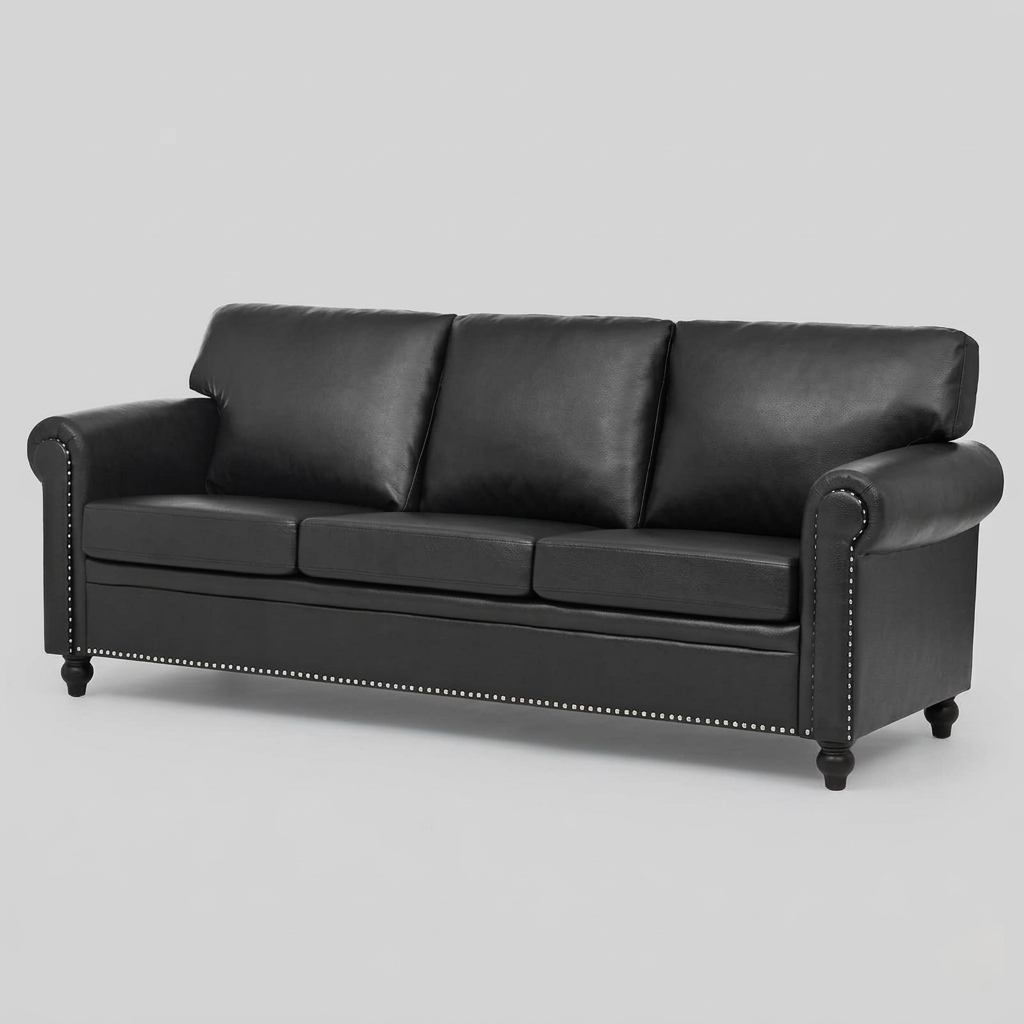 Noir Classic Leather Sofa | Premium Black 3 Seater Couch