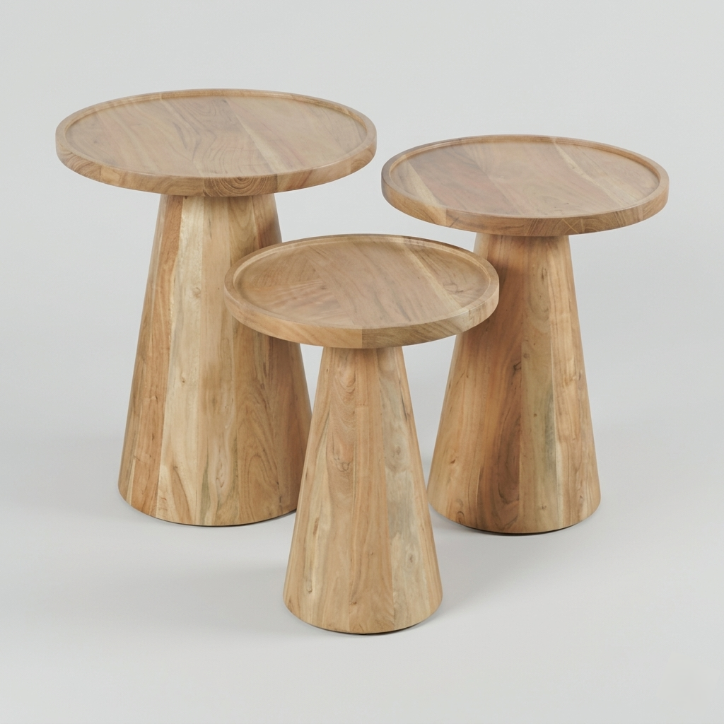 Three wooden side tables with a natural finish on a light gray background