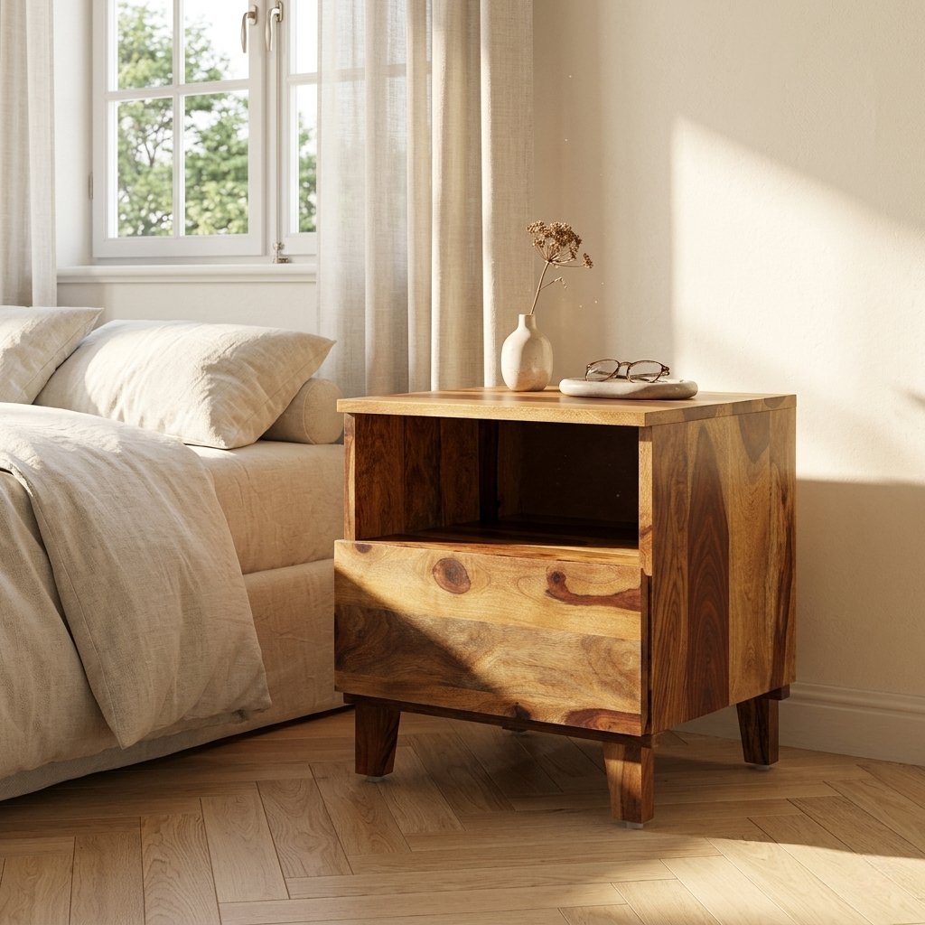 Minimalist solid wood bedside table with open shelf and storage drawer beside a modern bedroom bed