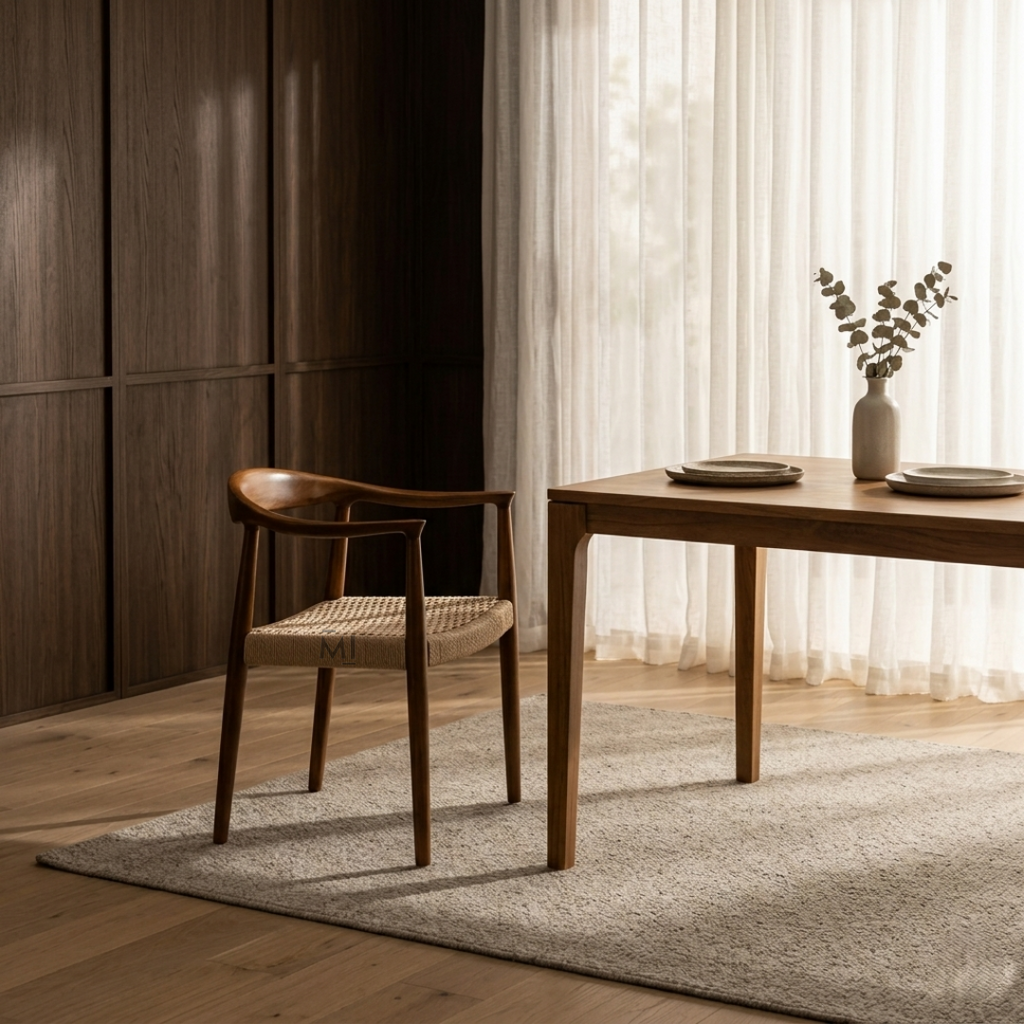 Modern solid wood dining chair with woven rope seat and curved armrests beside a contemporary dining table