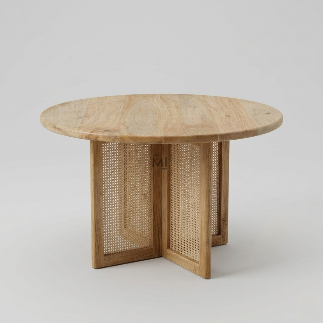 Round wooden dining table with cane pedestal base