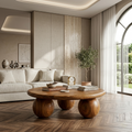 round wooden coffee table with spherical legs modern design