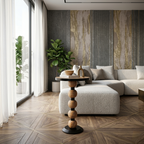 Modern living room with a sectional sofa, side table, and decorative wall.