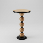 Small round wooden table with a black base on a light gray background