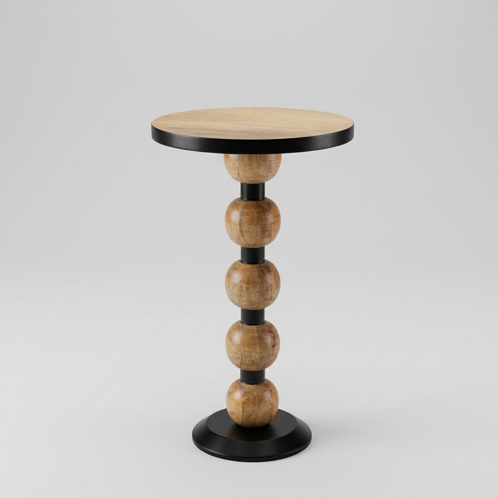 Small round wooden table with a black base on a light gray background