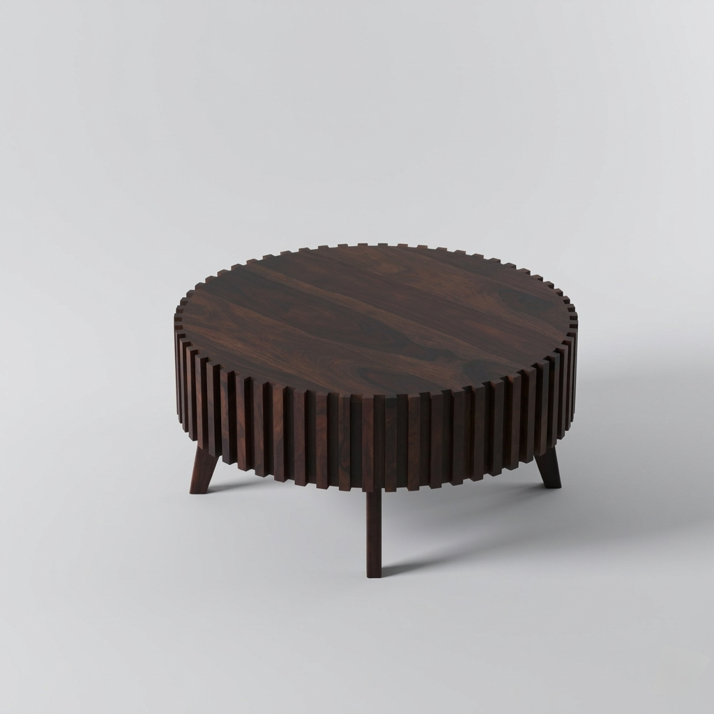 modern fluted coffee table in living room setup wooden round center table design