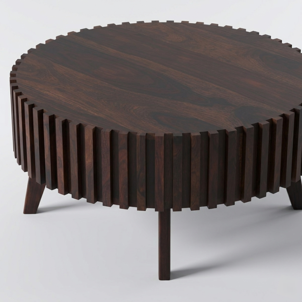 modern fluted coffee table in living room setup wooden round center table design