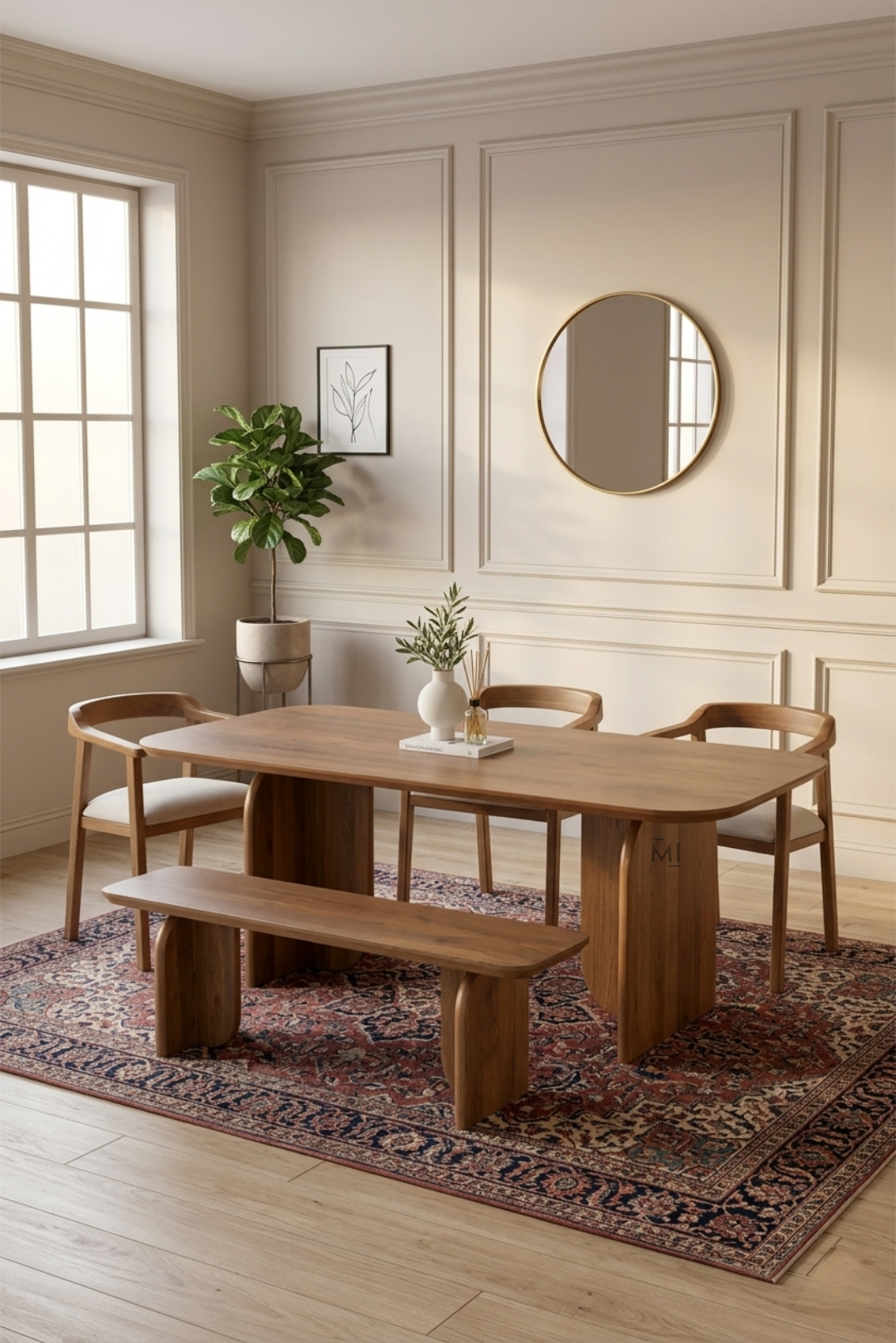 Modern solid wood curved arm dining chair with upholstered seat