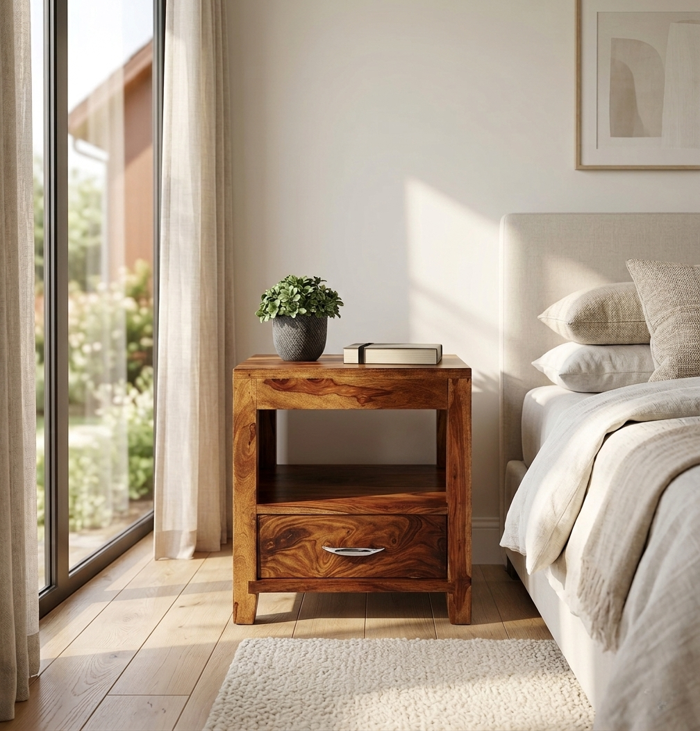 Orvia wooden bedside table modern side table for bedroom furniture in India