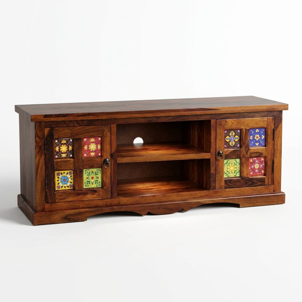 Averra Artisan Tile TV Unit | Solid Wood Media Console with Handcrafted Decorative Panels