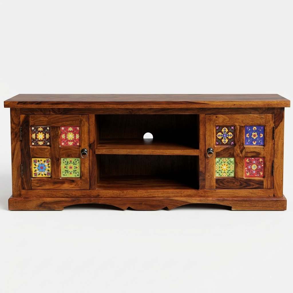 Averra Artisan Tile TV Unit | Solid Wood Media Console with Handcrafted Decorative Panels
