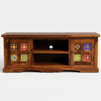Averra Artisan Tile TV Unit | Solid Wood Media Console with Handcrafted Decorative Panels
