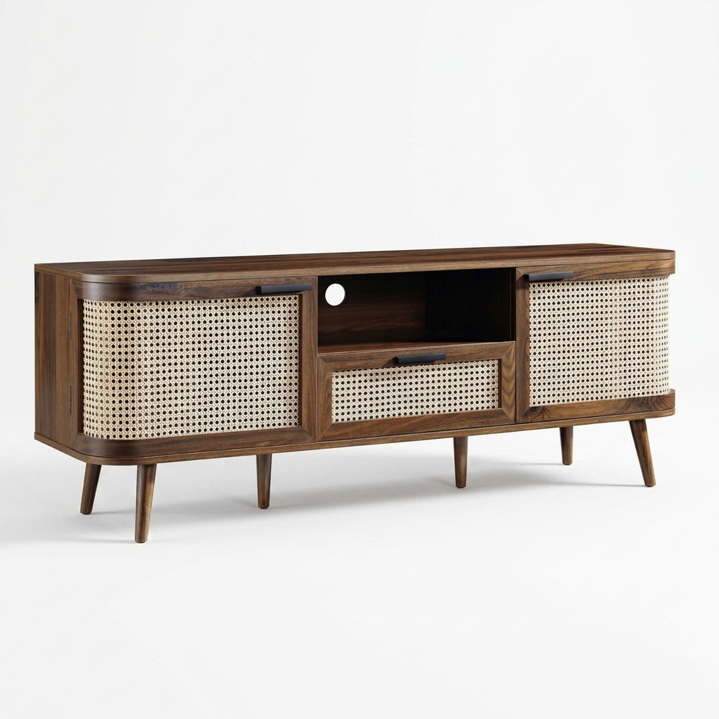 Averra Cane TV Unit | Modern Wooden Media Console with Storage & Sliding Doors