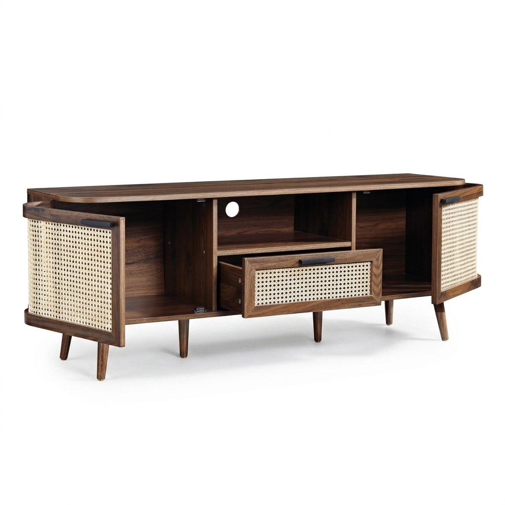 Averra Cane TV Unit | Modern Wooden Media Console with Storage & Sliding Doors