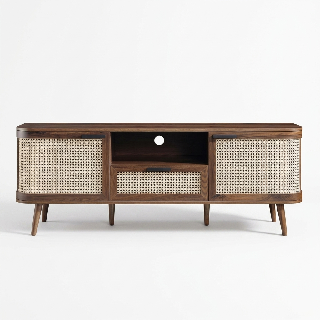 Averra Cane TV Unit | Modern Wooden Media Console with Storage & Sliding Doors