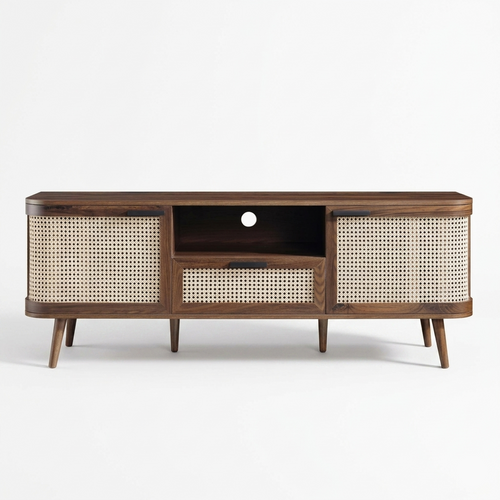 Averra Cane TV Unit | Modern Wooden Media Console with Storage & Sliding Doors