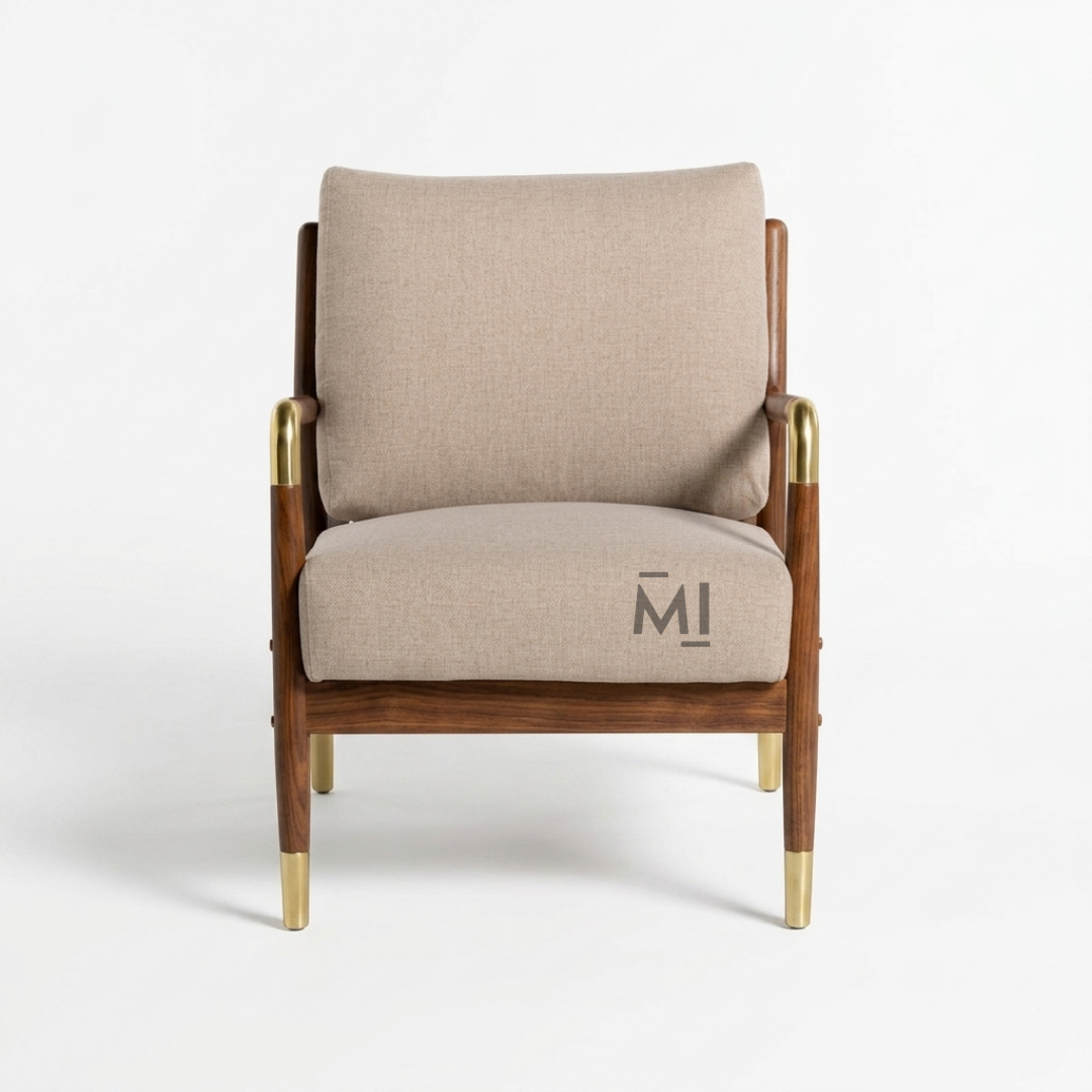 Mid-Century Modern Accent Chair | Upholstered Wooden Lounge Chair with Brass Accents