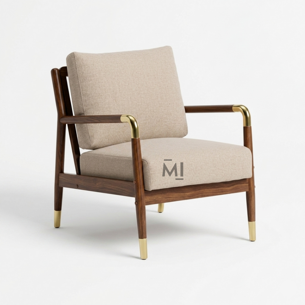 Mid-Century Modern Accent Chair | Upholstered Wooden Lounge Chair with Brass Accents