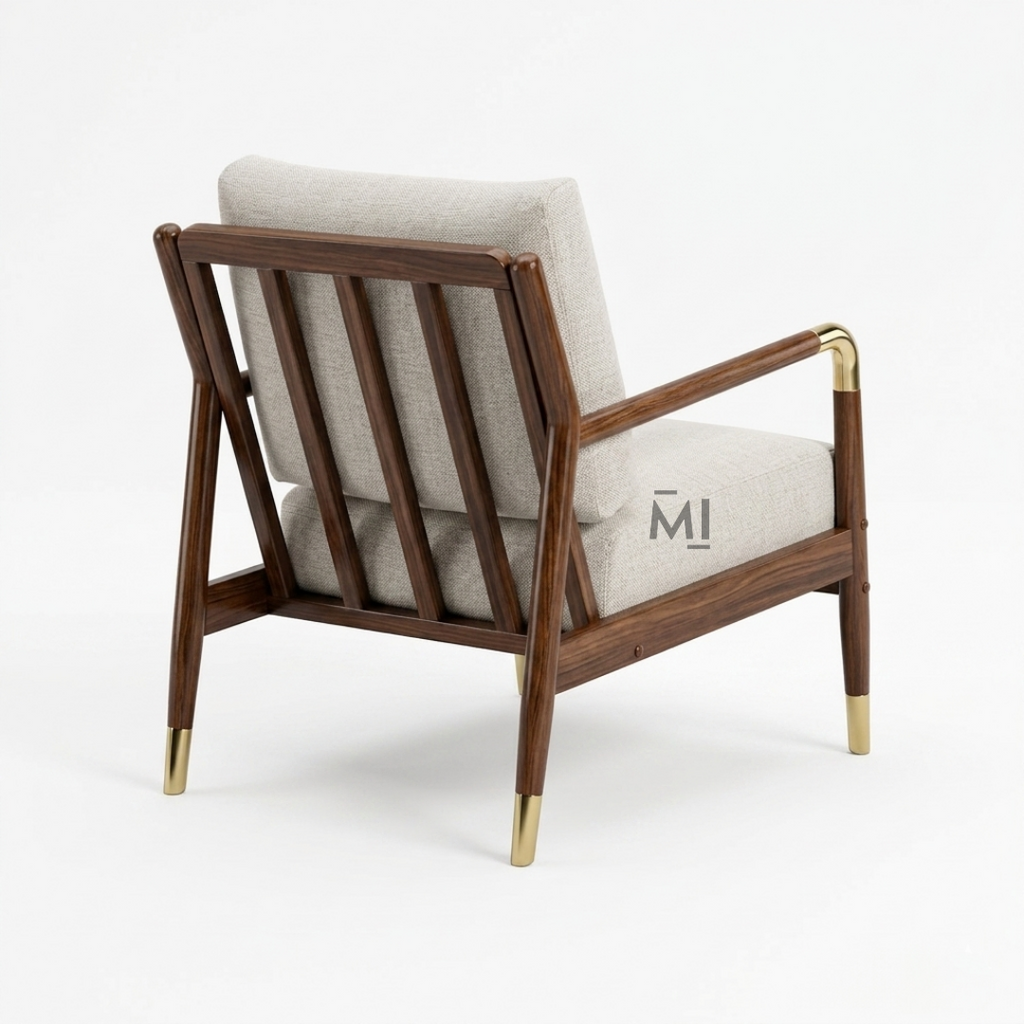 Mid-Century Modern Accent Chair | Upholstered Wooden Lounge Chair with Brass Accents