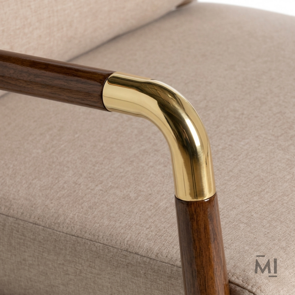 Mid-Century Modern Accent Chair | Upholstered Wooden Lounge Chair with Brass Accents