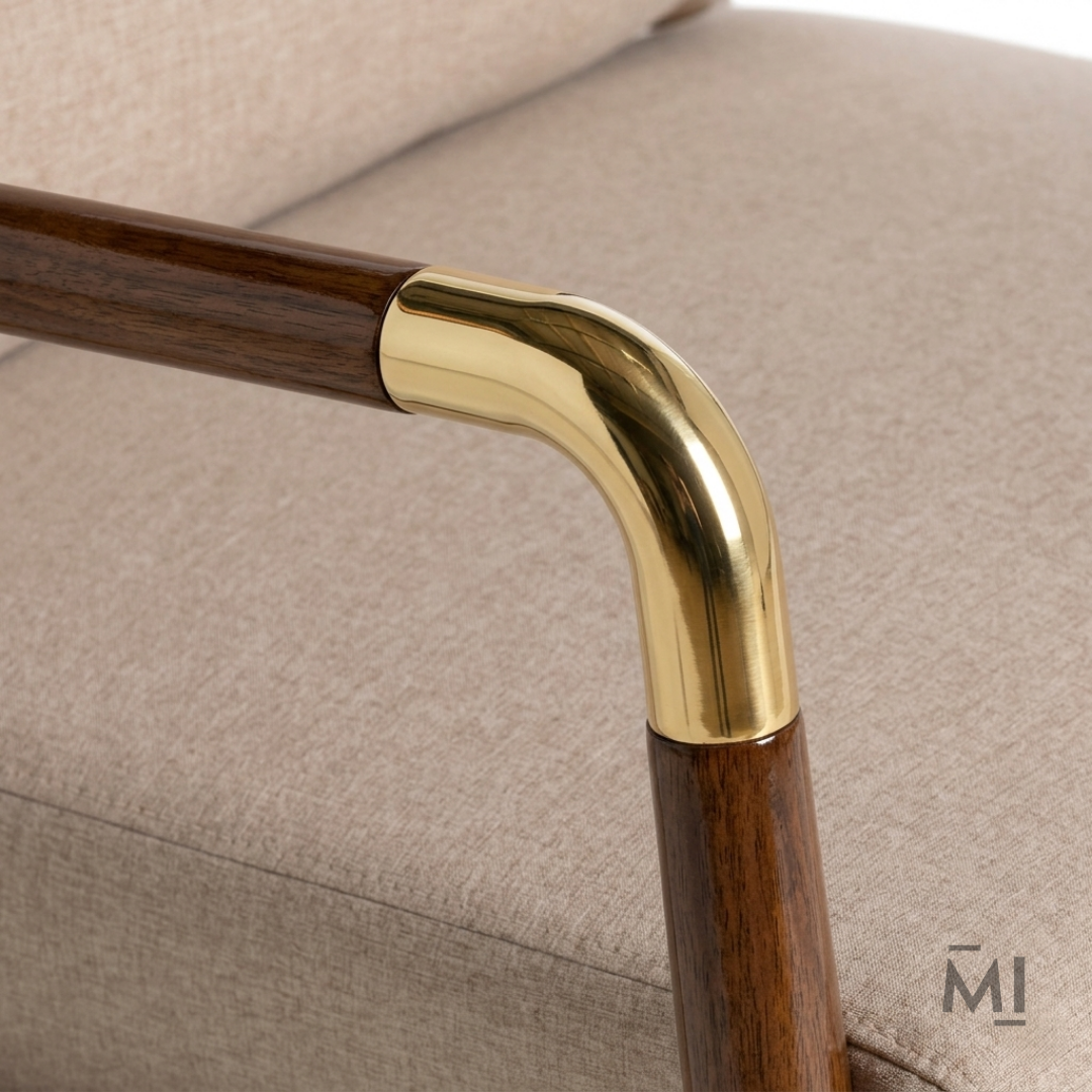 Mid-Century Modern Accent Chair | Upholstered Wooden Lounge Chair with Brass Accents