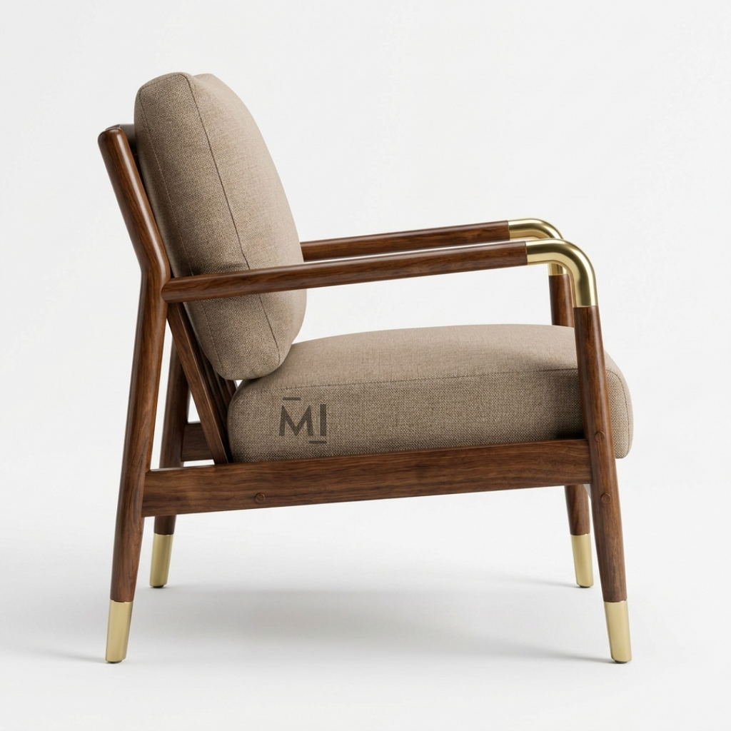Mid-Century Modern Accent Chair | Upholstered Wooden Lounge Chair with Brass Accents