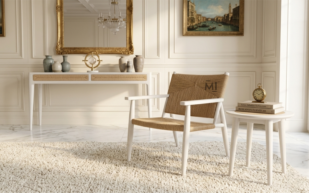 Handwoven Rope Accent Lounge Chair with Solid Wood Frame