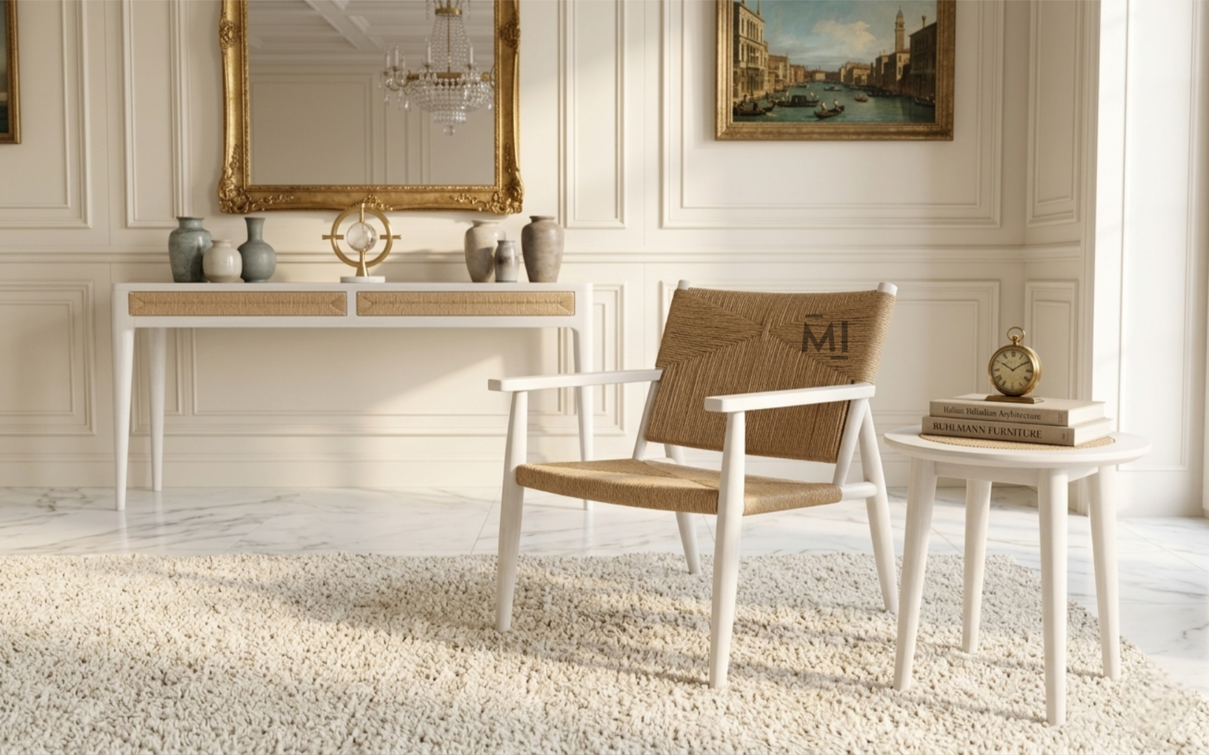 Handwoven Rope Accent Lounge Chair with Solid Wood Frame