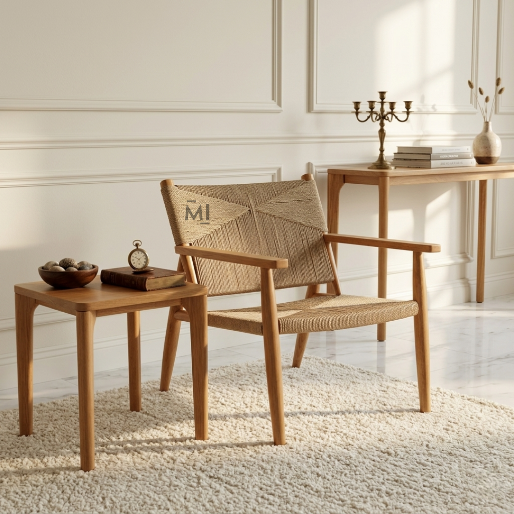 Handwoven Rope Accent Lounge Chair with Solid Wood Frame