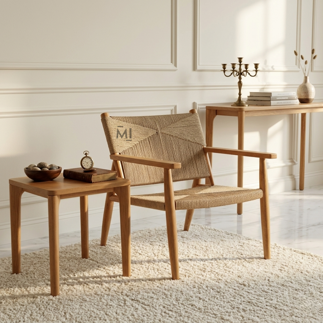 Handwoven Rope Accent Lounge Chair with Solid Wood Frame
