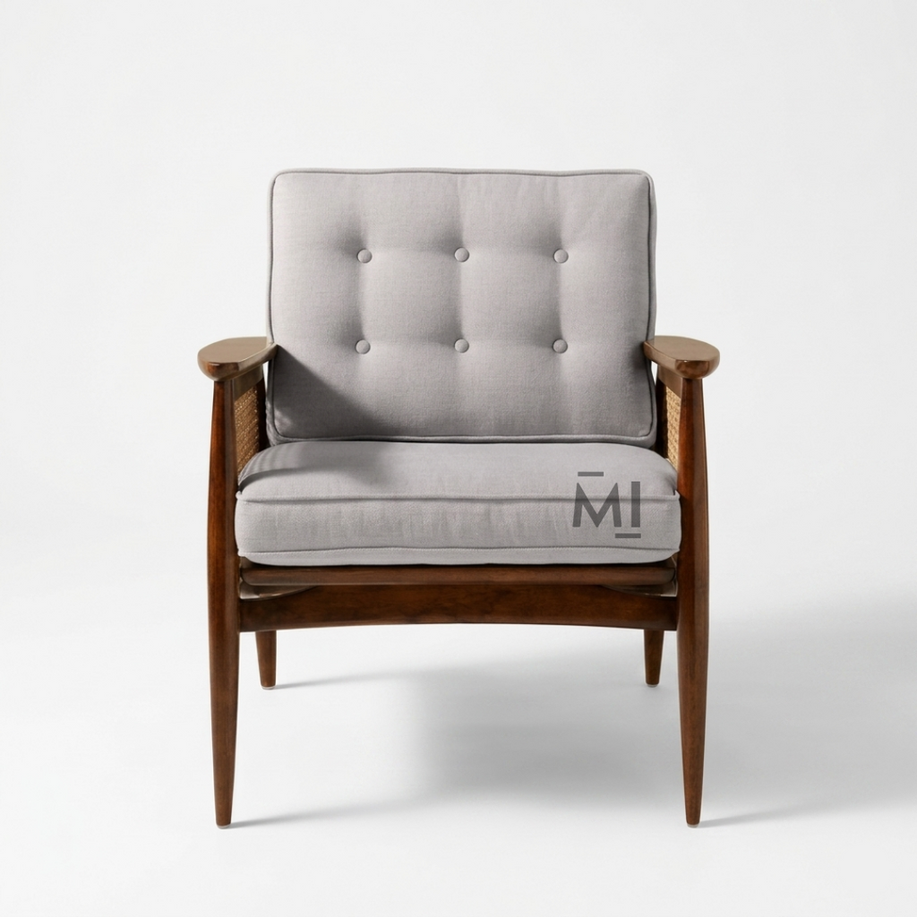 Mid-Century Modern Cane Accent Chair with Upholstered Cushion